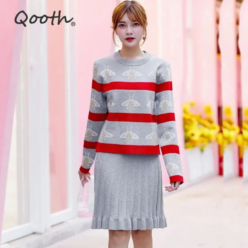 Fashion Bees Embroidery Striped Colored Women Sweater-Skirt Suits 2 pieces Knitted OL Autumn Winter Vintage Clothing Sets QH1928 |