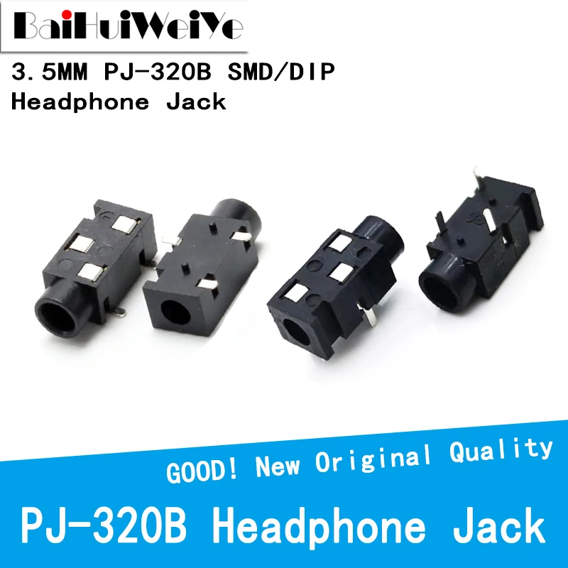20PCS/LOT 3.5 MM Headphone Jack Audio Jack PJ-320B 3-Line Pin Female Connector DIP SMD Stereo Headphones PJ-320 PJ320B PJ320 4 in 2 out rca line amp router audio switcher selector 4 channels splitter stereo audio source signal input switch box st42