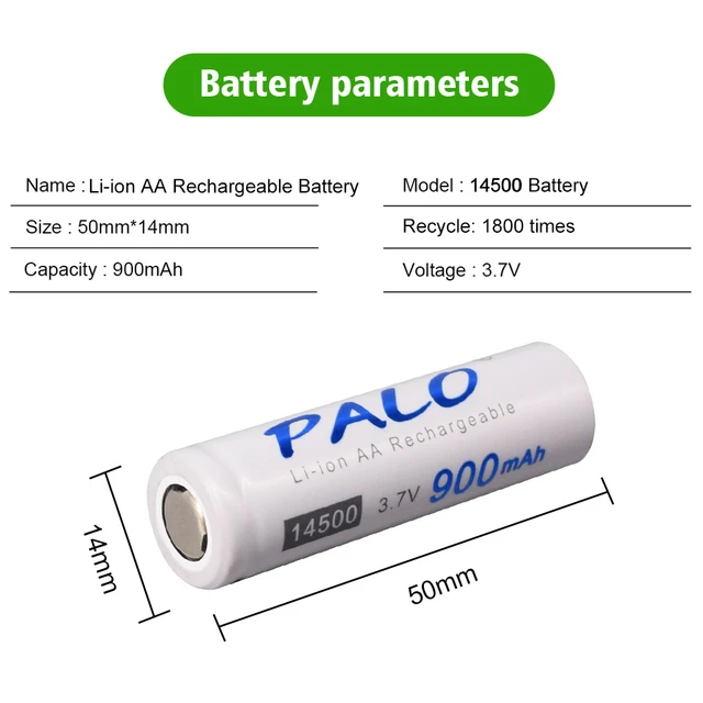 PALO 14500 900mAh 3.7V Li-ion Rechargeable Batteries AA Accumulator Battery  14500 Lithium for Flashlight