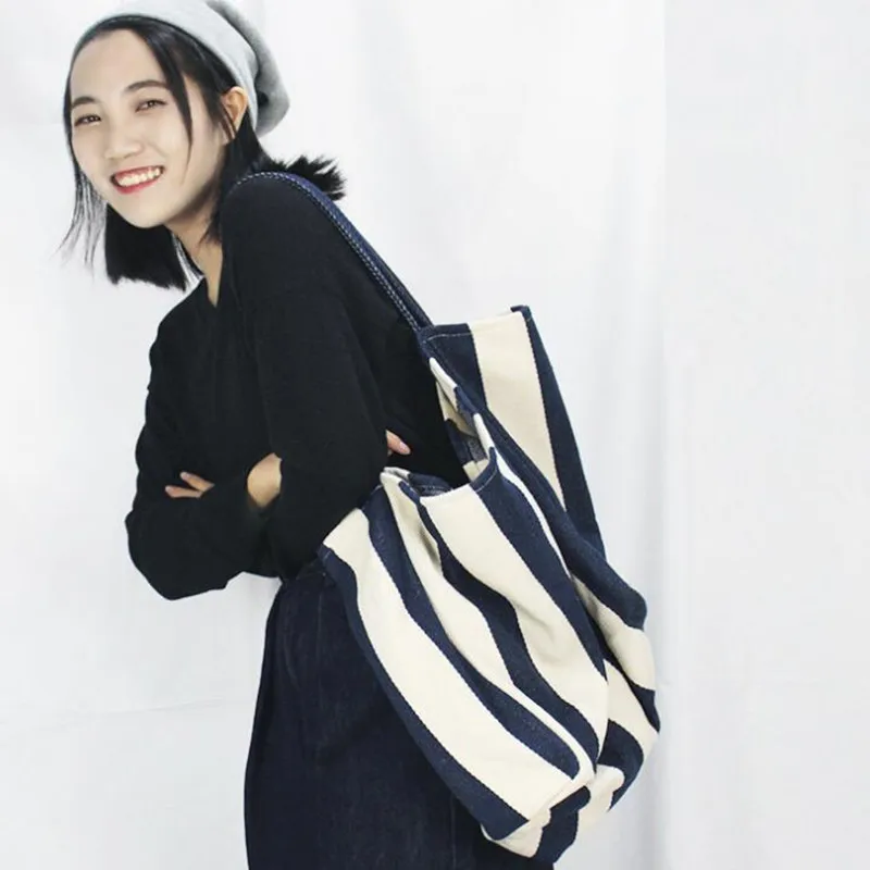 

Striped Big Canvas Tote Bag for Women Summer Beach Classical Fabric Soft Large Handbag 2020 Female Large Casual Top-handle Bag