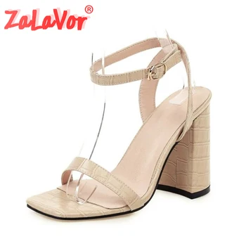 

ZALAVOR Square Heel Sandals Women Summer High Heels Shoes Simple Stone Pattern Buckle Party Office Lady Shoes Size 34-43