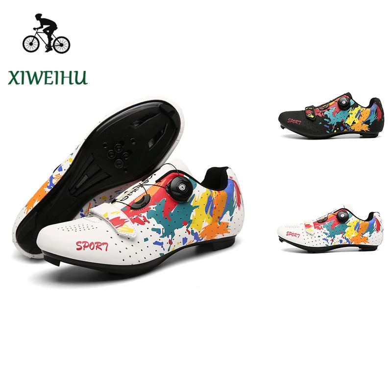 

XIWEIHU Unisex Road Bike Cycling Shoes MTB RB Men Graffiti Sneakers Self-locking Cleat Shoes Bicycle Riding Breathable Footwear