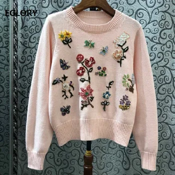 

2019 Autumn Winter Fashion Pink Sweaters High Quality Ladies Hand Made Beading Flower Patterns Long Sleeve Casual Pullovers