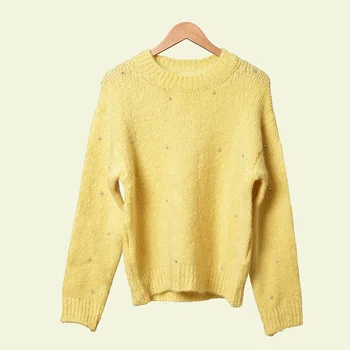 

Women's Sweater O-neck Long Sleeve New Temperament Lady Autumn Winter Knitwear Pullover with Bright Diamond Decoration 2019 New