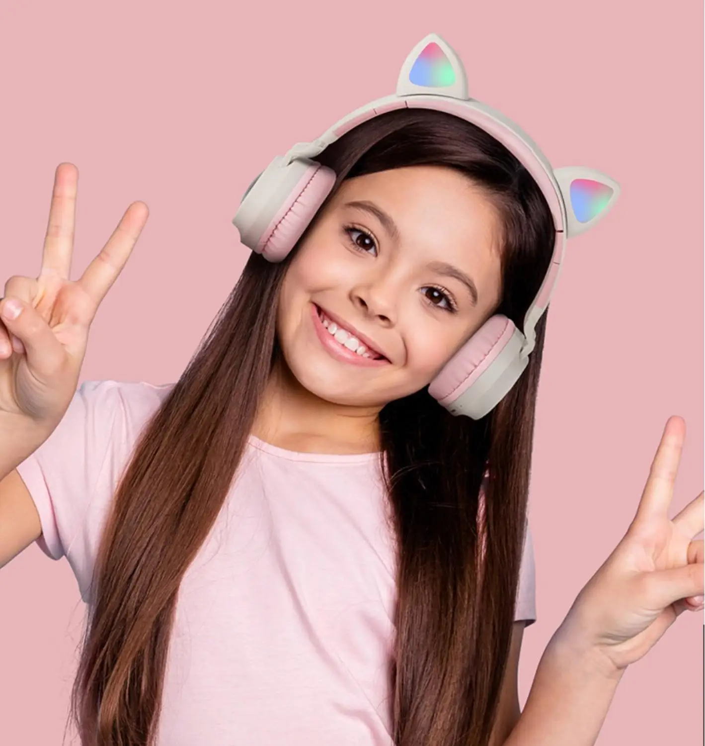 Bluetooth 5 0 Headset With TF card Wireless Hifi Music Stereo Bass Headphones LED Light Cute Cat Girl colorful Headset For PC