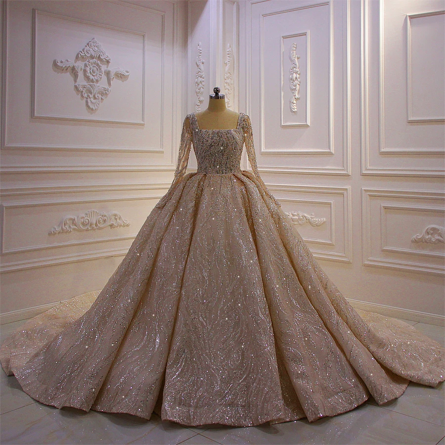 Trajes de novia 2020 кружевное бисерная аппликация с квадратным вырезом и длинным рукавом
