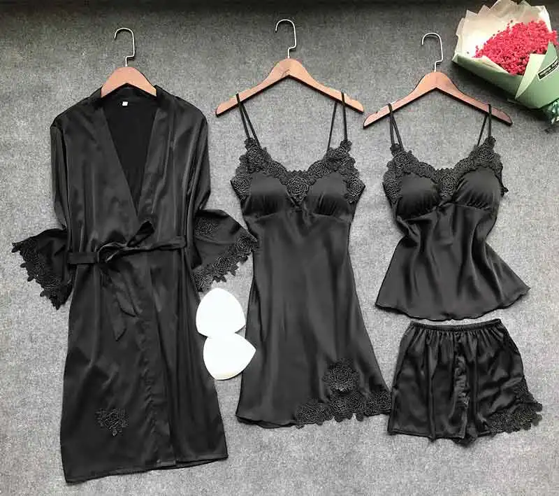Black New 4 Pcs Robe Set+ Nightdress+Top+Shorts Silk Satin Bathrobe Set Summer Sleepwear Lace Nightwear Set For Women Pijama Mujer - Цвет: Black