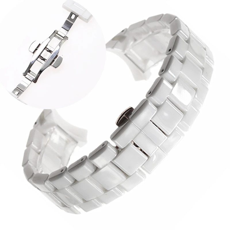 Ceramic Watch Strap Band Bracelet with Butterfly Clasp - Black/White, 18mm/22mm