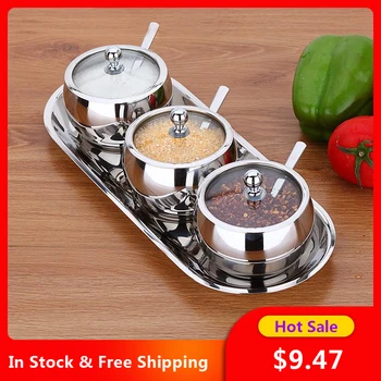 

Stainless Steel Sugar Bowl Seasoning Jar Condiment Pot Spice Container Canister Cruet with Lid Spoon Kitchen Tools Gadgets Can