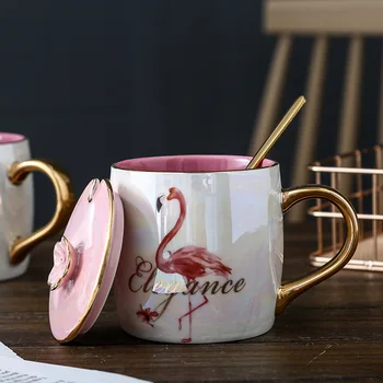 

Simple Ins Flamingo Colorful Pearlescent Ceramic Mug with Lid and Spoon Pearl Glaze Mug Female Milk Coffee Cup