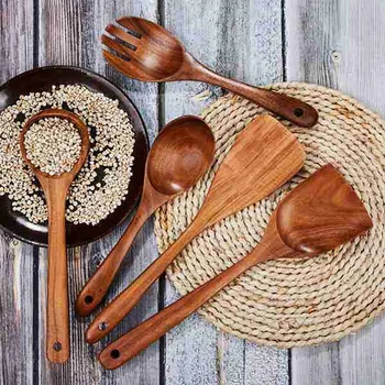 

Wooden Tableware with Stand Non-Stick Teak Spoon and Spoon Holder Kitchen Cookware Handmade Tableware Durable Tools
