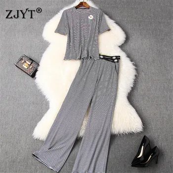 

Two Piece Set Top and Pants Summer Tracksuit Women 2020 New Female Casual Outfits Striped Print T Shirt Pants Suit Matching Set