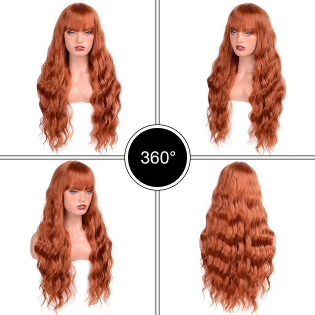 Orange Red Synthetic Wigs with Bangs Long Water Wave Wigs for Women Blue/Blonde/Ginger Wigs for Cosplay Party Heat Resistant Wig 3