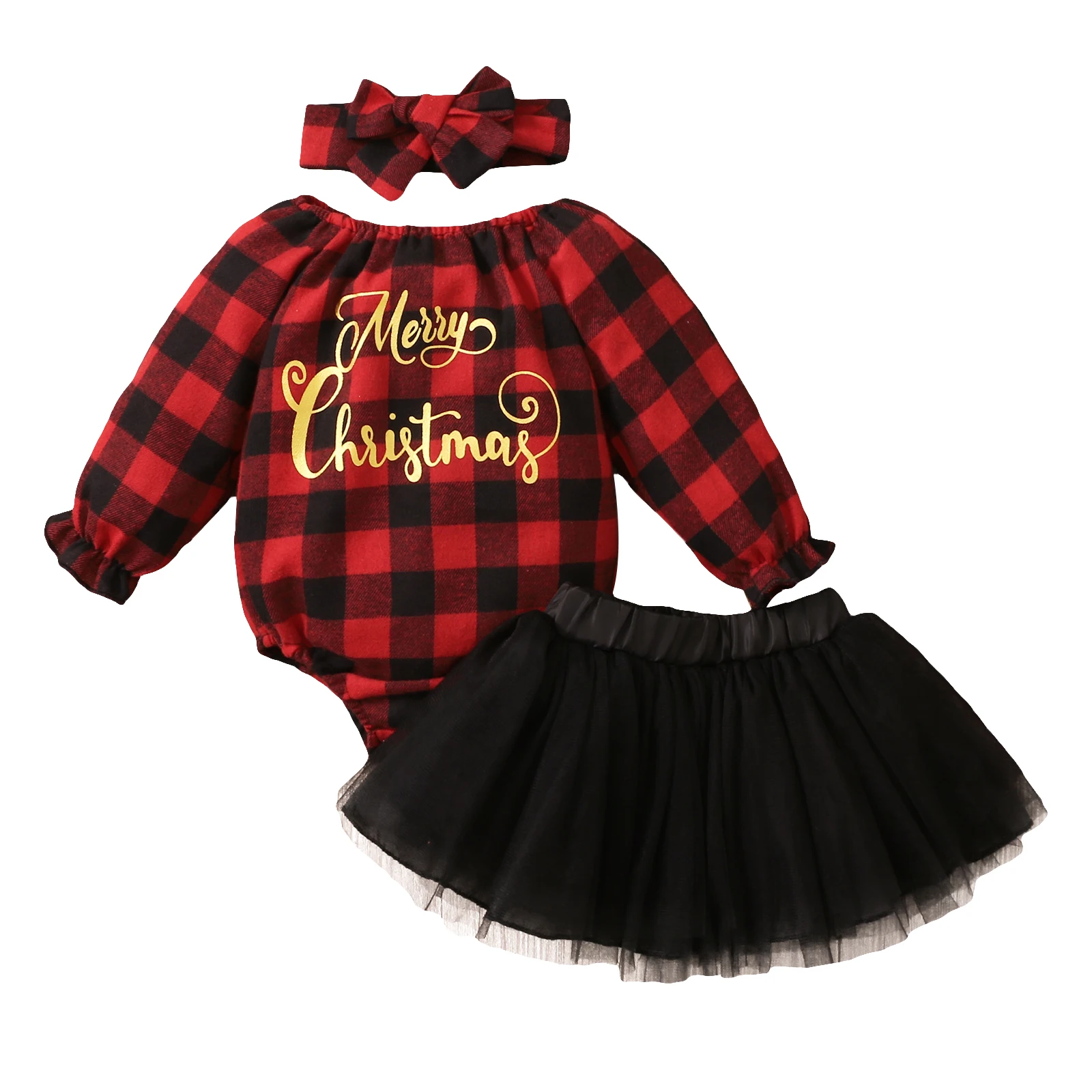 

Baby Girls Clothes Christmas Set Printed Pattern Long Sleeve Romper Black Yarn Skirt And Headdress 3Pcs 0-12M Clothing Sets Kids