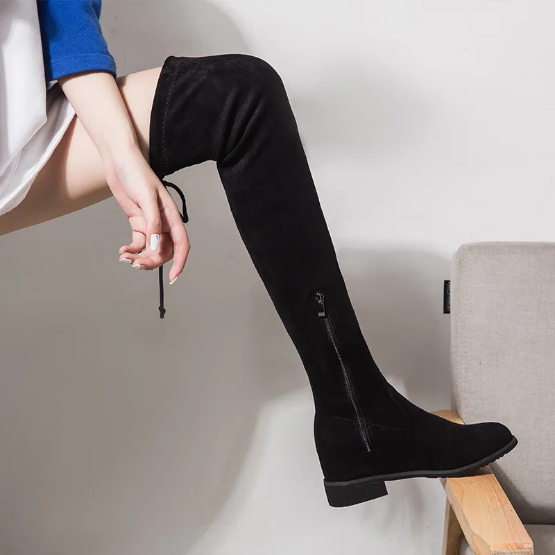 Женские ботинки больших размеров 41-43, осенне-зимние ботинки на толстой подошве женские эластичные сапоги до колен на плоской подошве