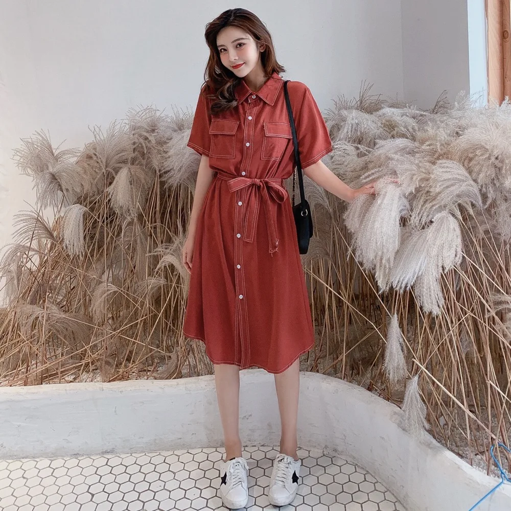

Photo Shoot 2019 Summer New Style Korean-style WOMEN'S Wear-Style Retro CHIC-Style Single-Breasted Mid-length Shirt Dress