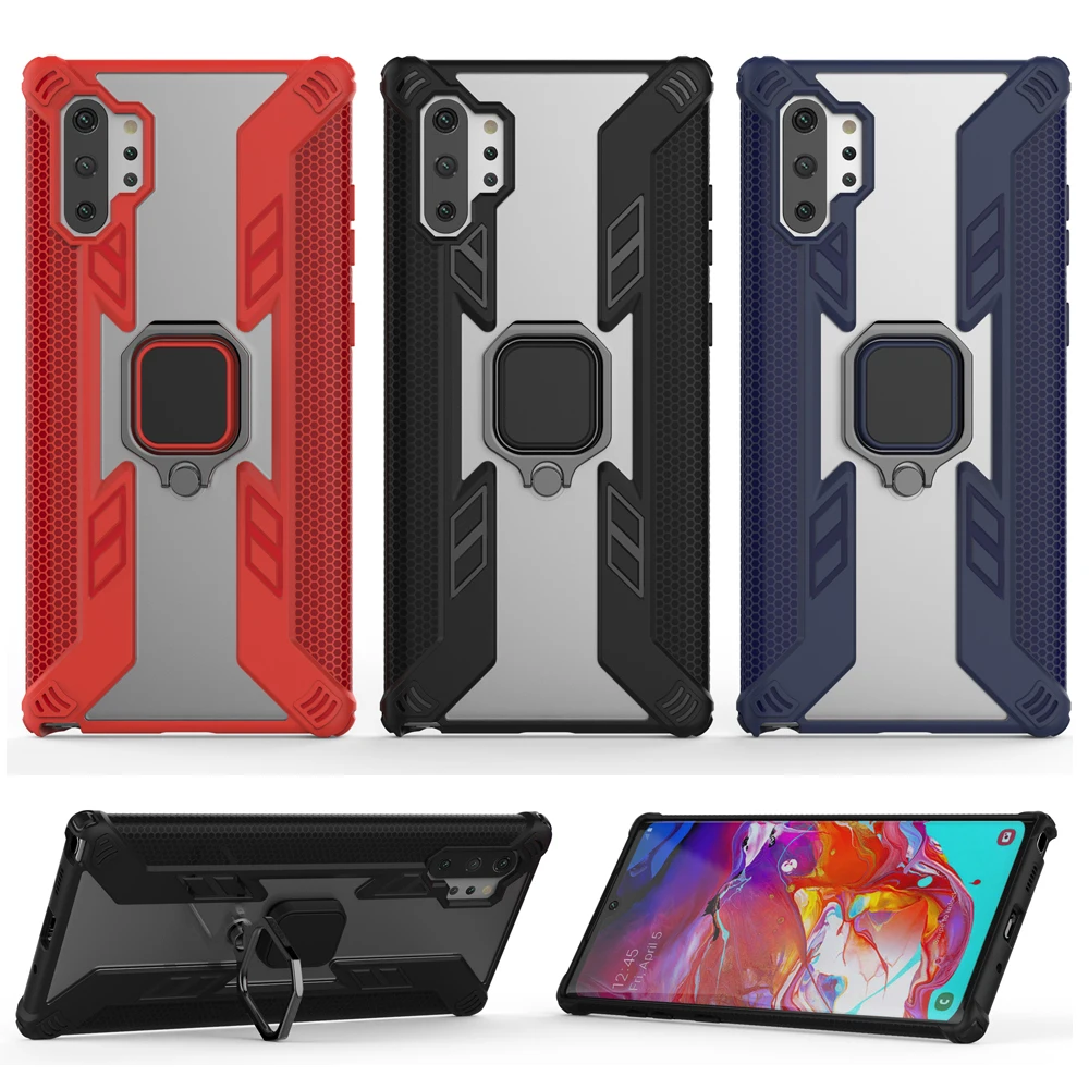 

for Samsung Note 10+ Plus shockproof hybrid PC + TPU bumper metal finger ring holder bracket cover for Samsung Note10 Protection