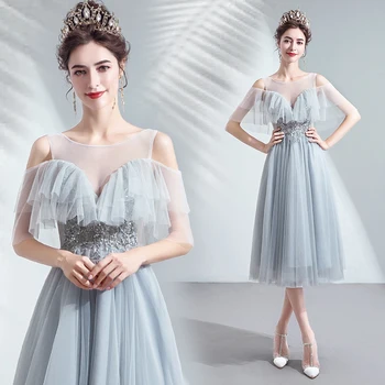

Grey Knee Length Prom Dresses 2020 Off the Shoulder Sequins Applique Women Tulle Short Sleeves Sexy Cocktail Party Dress