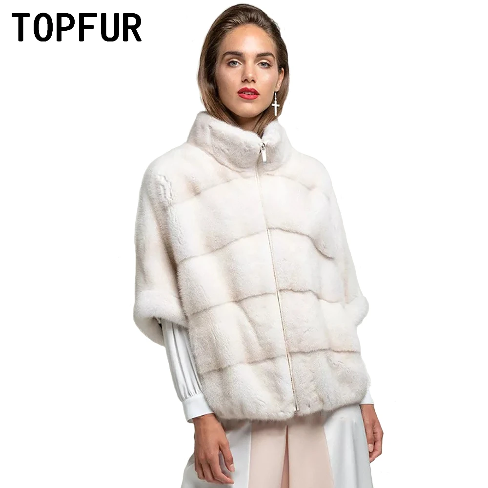 

TOPFUR Real Fur Coat Woman WInter Coat Natural White Mink Fur Jacket With Zipper Mid-Sleeve Bat Coat Basis Jacket Short Outwear