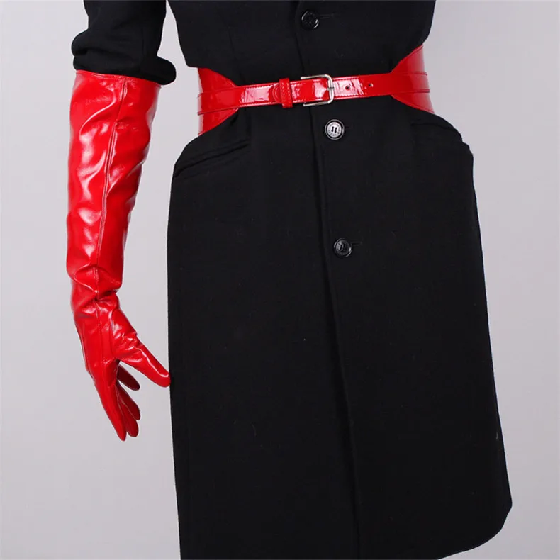 50cm Patent Leather Long Gloves Big Sleeve Lantern Sleeve Emulation Leather Bright Leather Bright Rose Red Female WPU12-50W