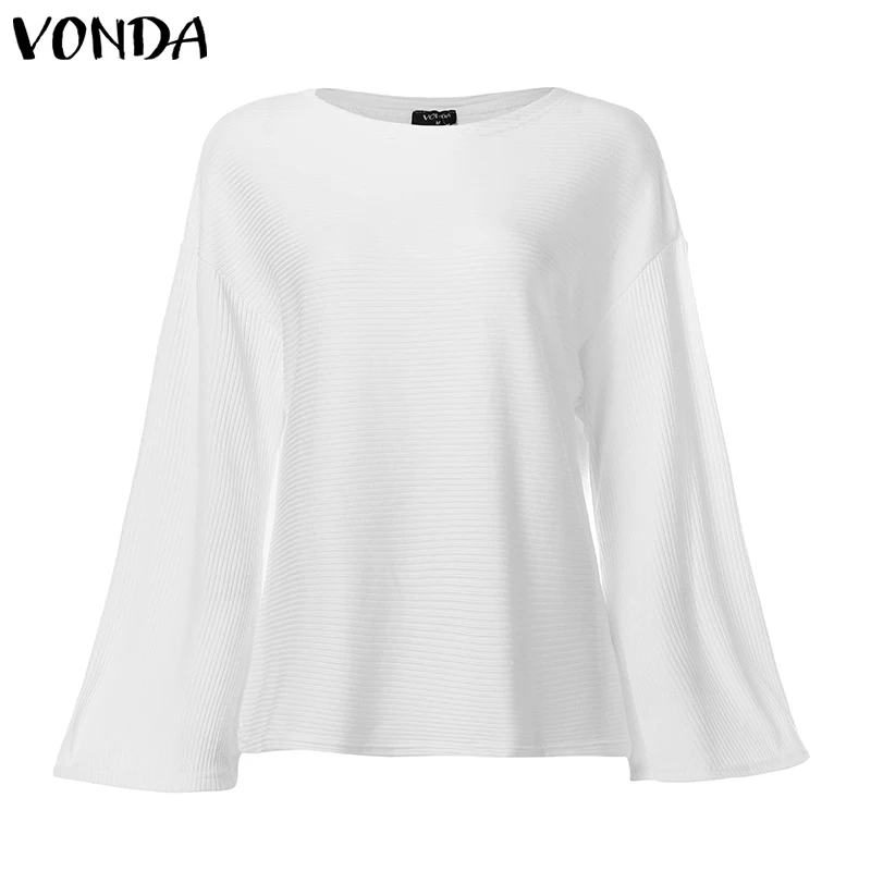  VONDA Autumn Winter Long Sleeve Tops Women Solid Color Pullover Shirts Plus Size Bohemian Party Blu