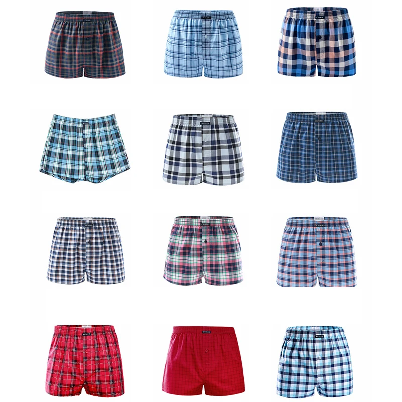 12pcs Classic Plaid Men's Boxers Cotton  Underwear Trunks Woven Homme Arrow Panties Boxer  Elastic Waistband Shorts Loose men [puma] official puma essential woven shorts 5 inch m 84721301