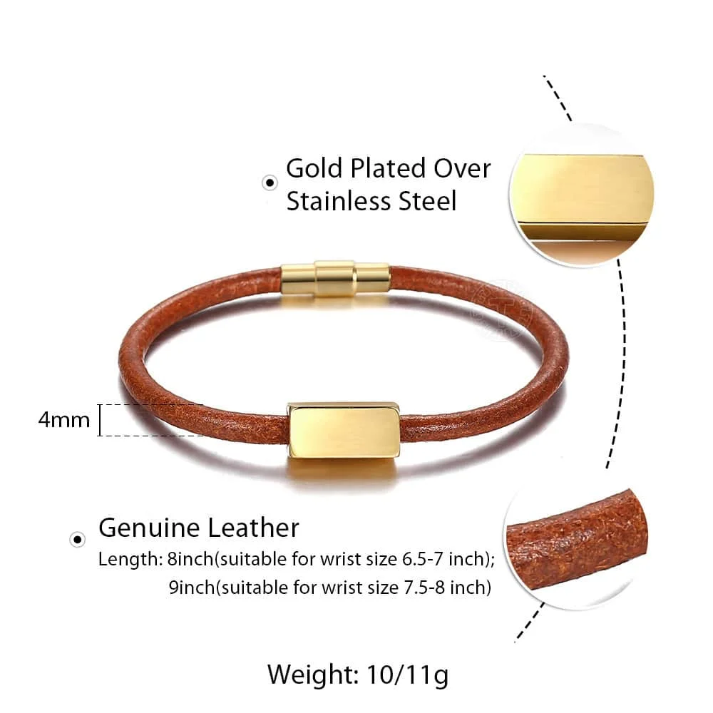 Персонализированный гравировальный браслет из натуральной кожи для мужчин и женщин золотого цвета, магнитный браслет с застежкой из нержавеющей стали LPZ007