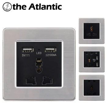 

Universal Socket With 2.1A USB Outlet Wall Electrical Socket Stainless Steel Panel 2 Ports USB Outlet Power Charger