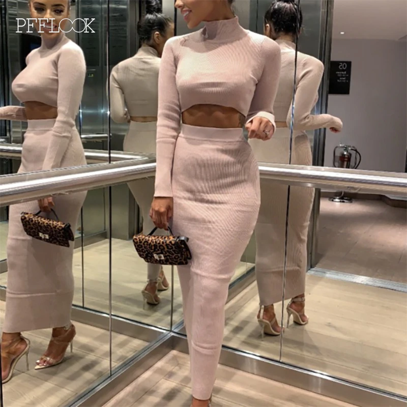 

PFFLOOK 2019 Autumn Women Sets Slim Sexy Knit Two Piece Set Long Sleeve Turtleneck 2 Piece Set Crop Tops Bodycon Pencil Skirt