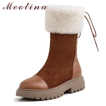 

Meotina Winter Snow Boots Women Natural Genuine Leather Thick Heels Mid Calf Boots Warm Wool Round Toe Shoes Female Size 34-40