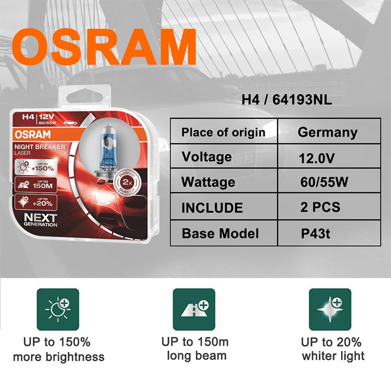 Галогенная лампа OSRAM H1 H4 H7 лазер для ночных выключателей нового поколения + 150%