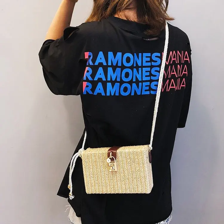 

2019 Summer New Style Straw Bag PU Shoulder Bag Zipper Youth Square Sling Bag Solid Color Car Suture Fashion
