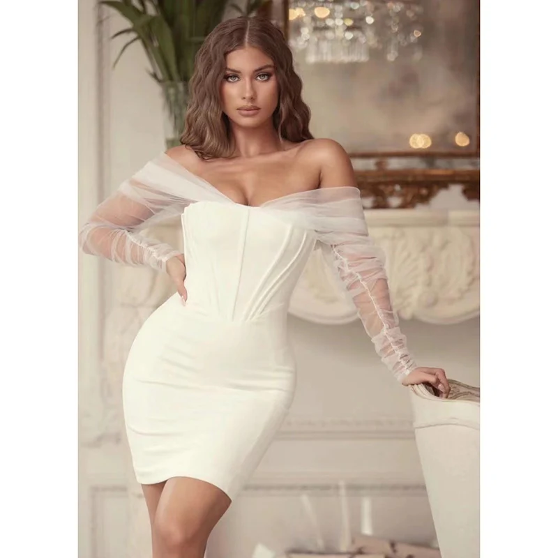 Vestido-blanco-de-malla-de-manga-larga-con-hombros-descubiertos-Bodycon ...