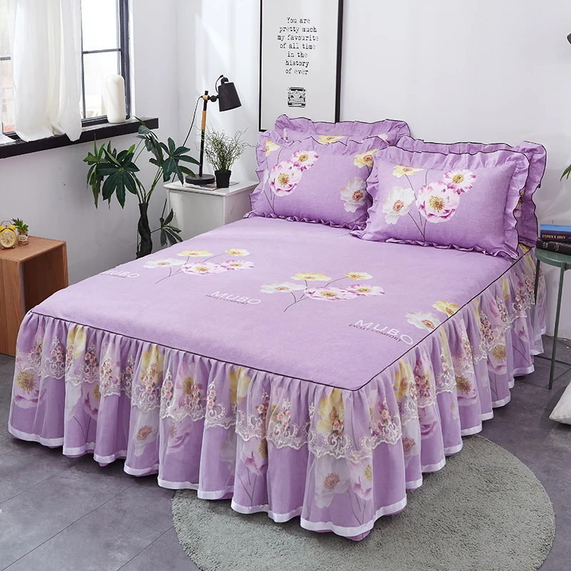 Light Purple Хлопковое модное цветочное покрывало, кружевная уплотненная кровать, юбка, размер King queen, мягкая удобная двухслойная простыня - Цвет: Light Purple