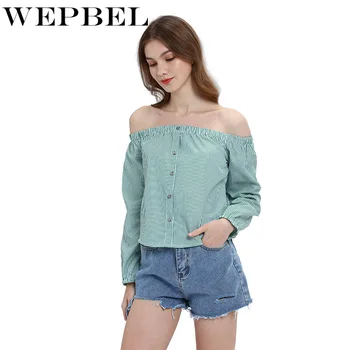 

WEPBEL Women's T-Shirt Off-Shoulder Casual Tops Summer Retro Long Sleeve Striped Button T-Shirt