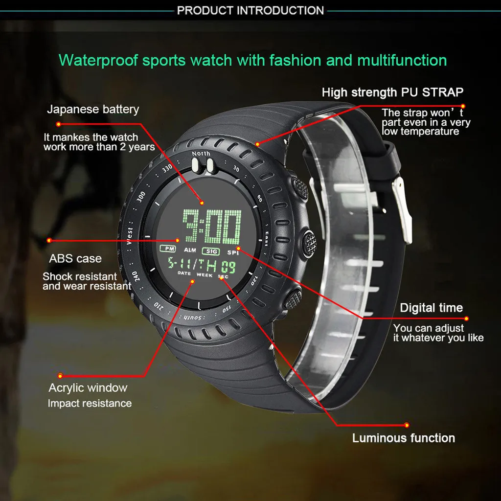 LED digital watch sport Military electric Watch 50M Awaterproof larm date watches Dive Swim Dress Sports Watches