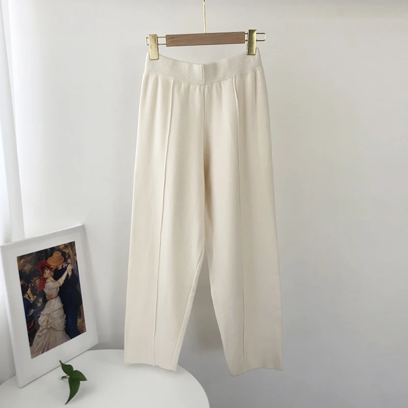 Aachoae Loose Solid Knitted Pants Women Elastic Waist Casual Lady Pants Pleated Leisure Home Wear Long Pants Female Pantalon