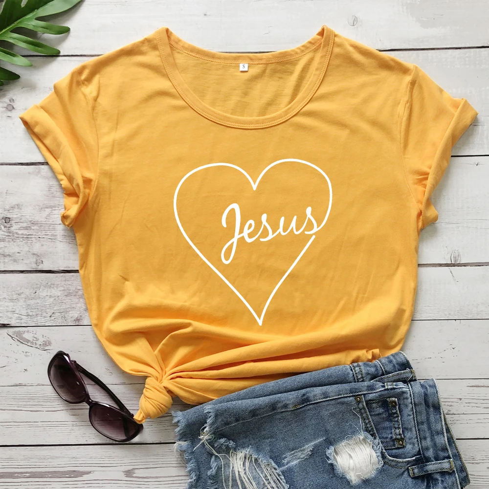 Винтажная футболка с принтом в виде Сердца Иисуса, подарок на день Святого Валентина, летняя футболка для мужчин и женщин, вдохновляющая религиозная церковь, графические футболки, топы - Цвет: yellow-white text