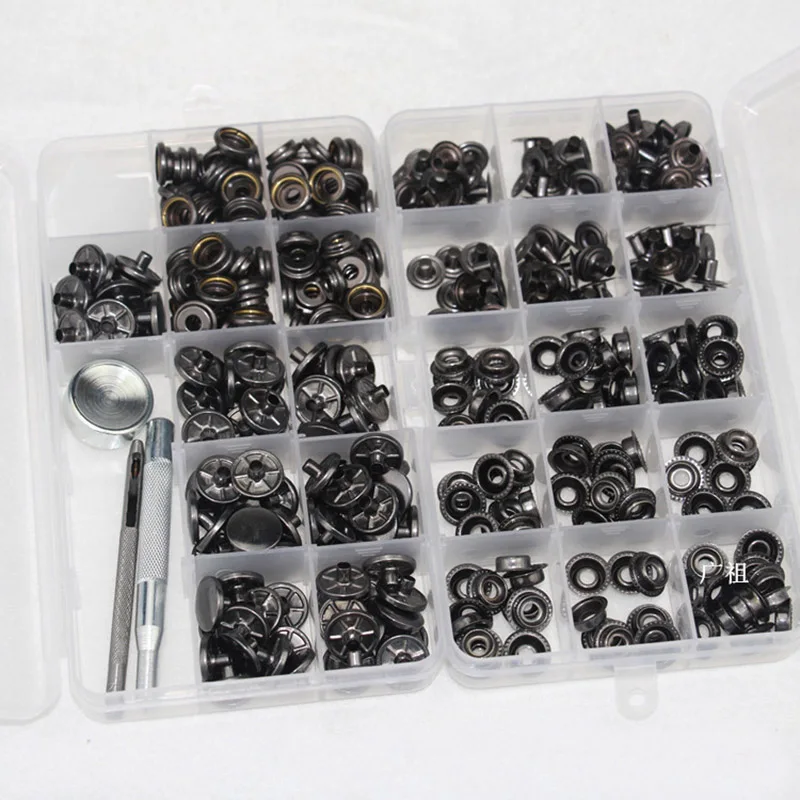 15MM metal leather stud snap buttons for jeans 100 sets of boxed gun color button four to one buttons+ repair tools set sewn | Дом и сад