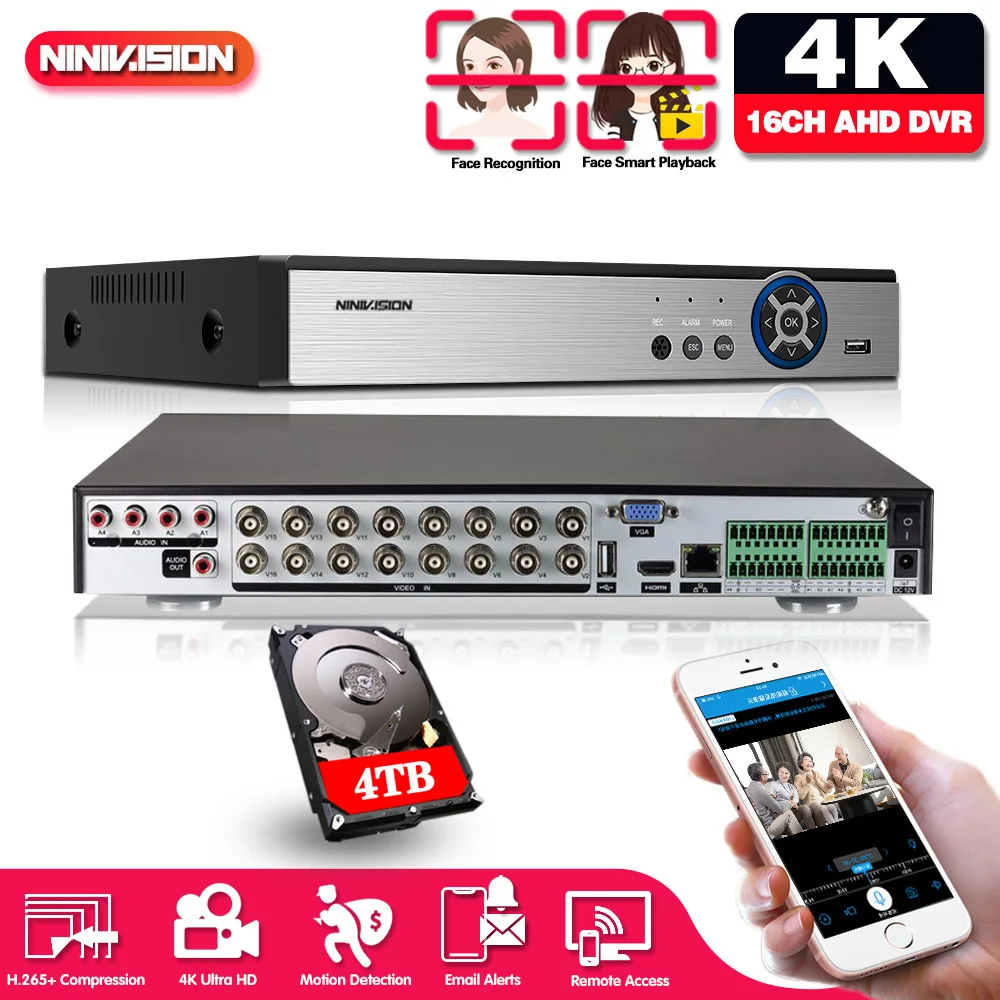 NINIVISION Face Detection 4K Xmeye Auido H.265+ 16 Channel 8MP 5MP 2MP 16CH 6 in 1 USB Wifi Hybrid XVI NVR CVI TVi AHD CCTV DVR |