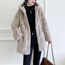 

High Quality Artificial Mink Fur New Mid-length Danish Stitching Marten Overcoats Hooded Long Sleeve Warm Faux Fur Coat