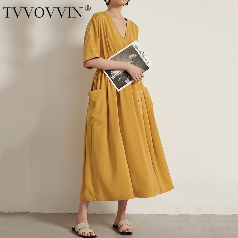 Tvvovvinin Новое весенне-летнее платье с v-образным вырезом с коротким рукавом черное свободное с карманом длинное короткое темпераментное женское модное платье V779