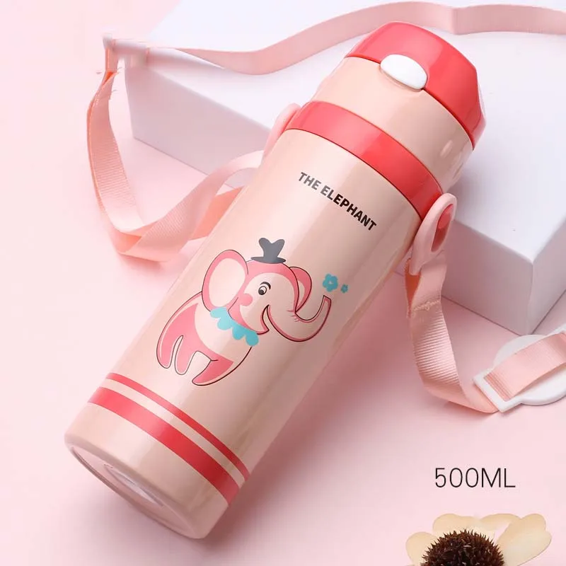 500ml Pink Strap 300 мл детская бутылка для воды, чашка из нержавеющей стали, изолированный корпус с ручкой, силиконовая соломинка, противопылезащитная Крышка для более 6 месяцев - Цвет: 500ml Pink Strap