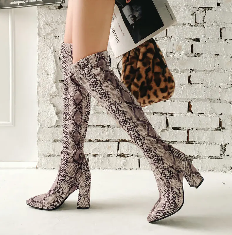 

Chunky Heel Stretch Boots Women Pointed Toe Snake Print Long Boots Ladies Winter Shoes Woman Brown Blue White Knee High Boots