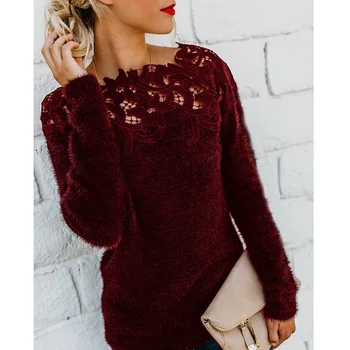 

Autumn Winter Thick Sweater Women Lace Knitted Ribbed Pullover Sweater Flower Long Sleeve Slim Jumper Soft Warm Female Sweater