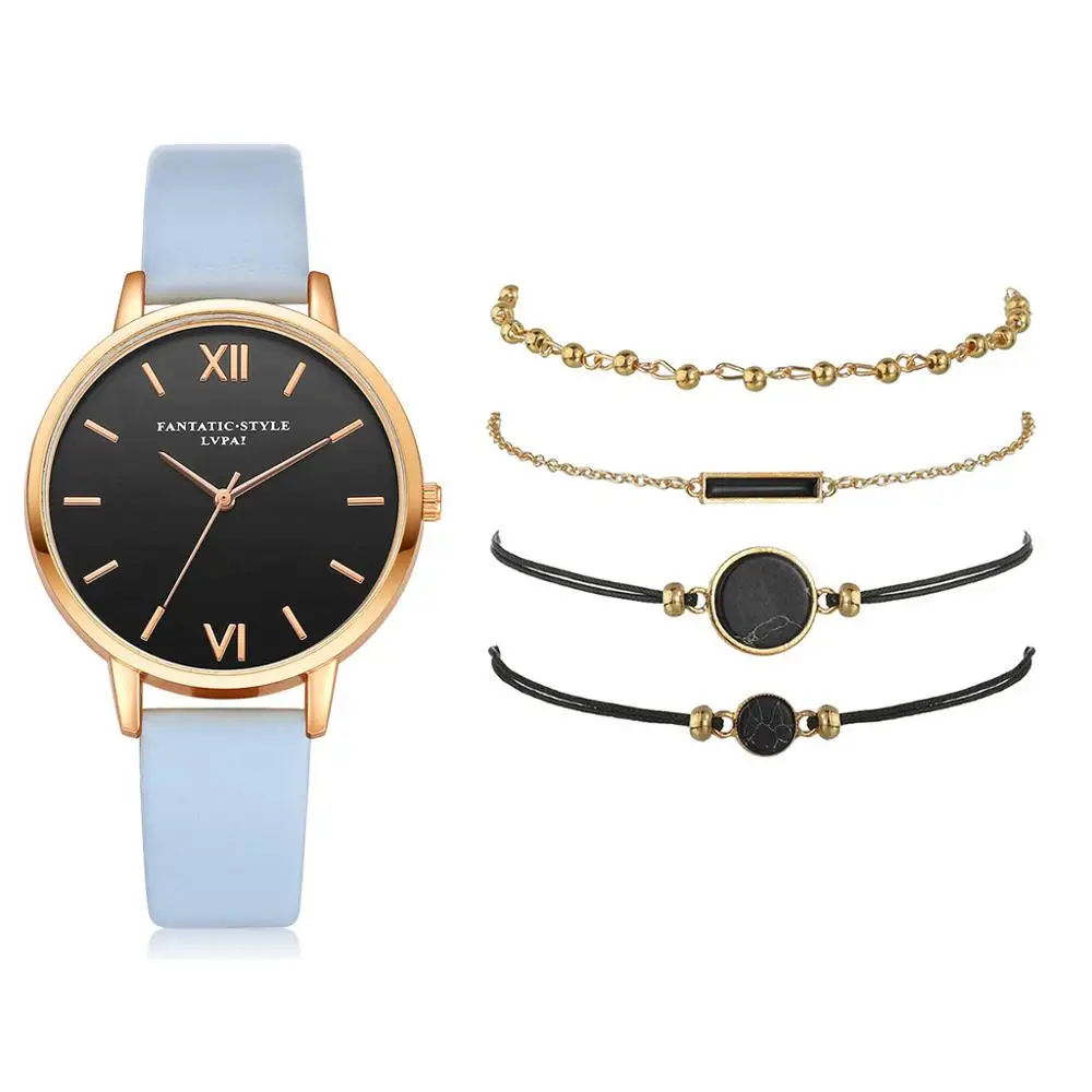 Ensemble de montres en cuir pour femmes, 5 pièces, montres à Quartz, simples, romaines, décontractées, cadeau, offre spéciale, 2020 5