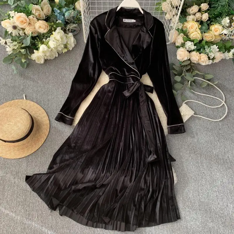 

2019 new fashion women's clothing Retro temperament suit collar dress women long sleeve dress dresses