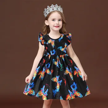

NEW Fashion Baby Grils Dress Toddler Kids Fly Sleeve O-neck Butterflies Print Bow Princess Pageant Party Детское платье Dress