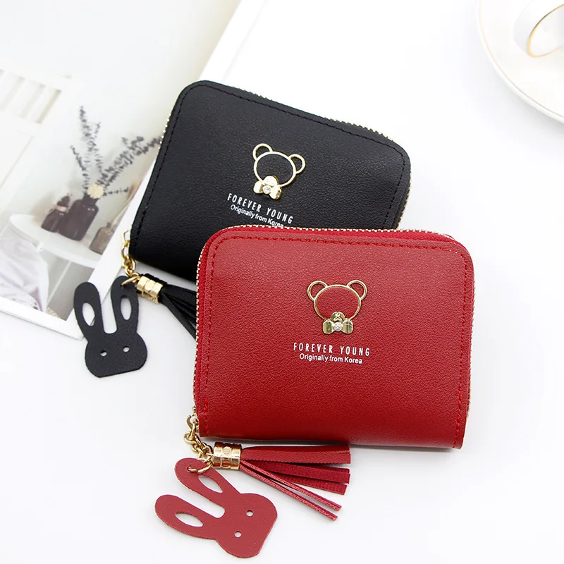 

Female Wallet New Cute Bear Zipper Mini Purses Short Tassel Chains Women Wallets Card Holders Animal Pattern Students Coin Bag