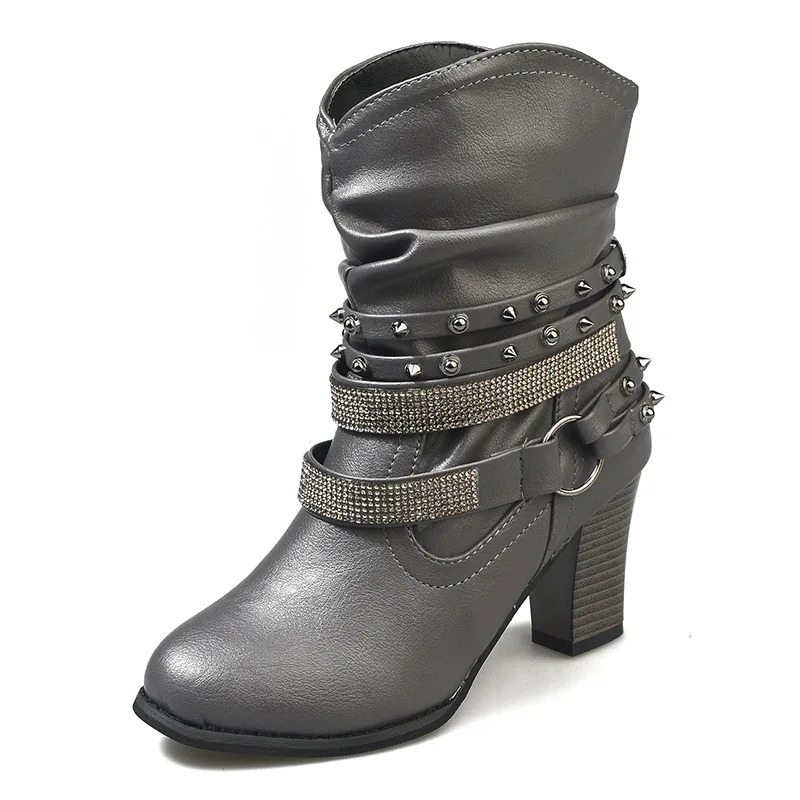 

Autumn Hollow Ankle Boots Woman High Heels Plus Size Platform Crystal Clogs Heel Shoes Buckle Strap Rivet Short Botas 2020